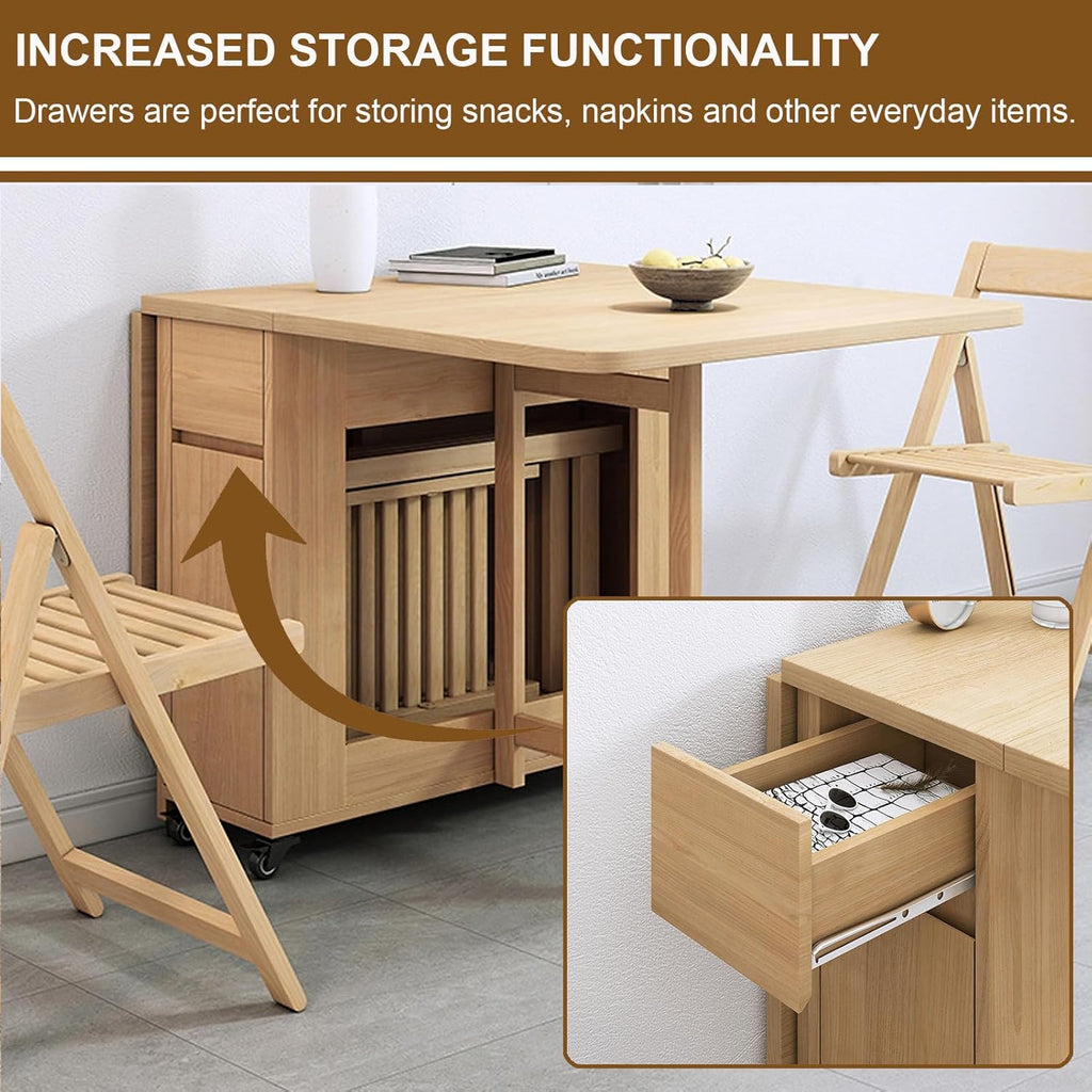 Folding Dining Table with 4 Chairs and Storage Drawers, Wood, with Wheels Z5281