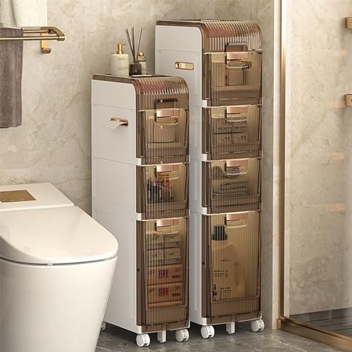 Narrow Bathroom Floor Storage Cabinet with Multi-layer Drawers and Wheels R336139