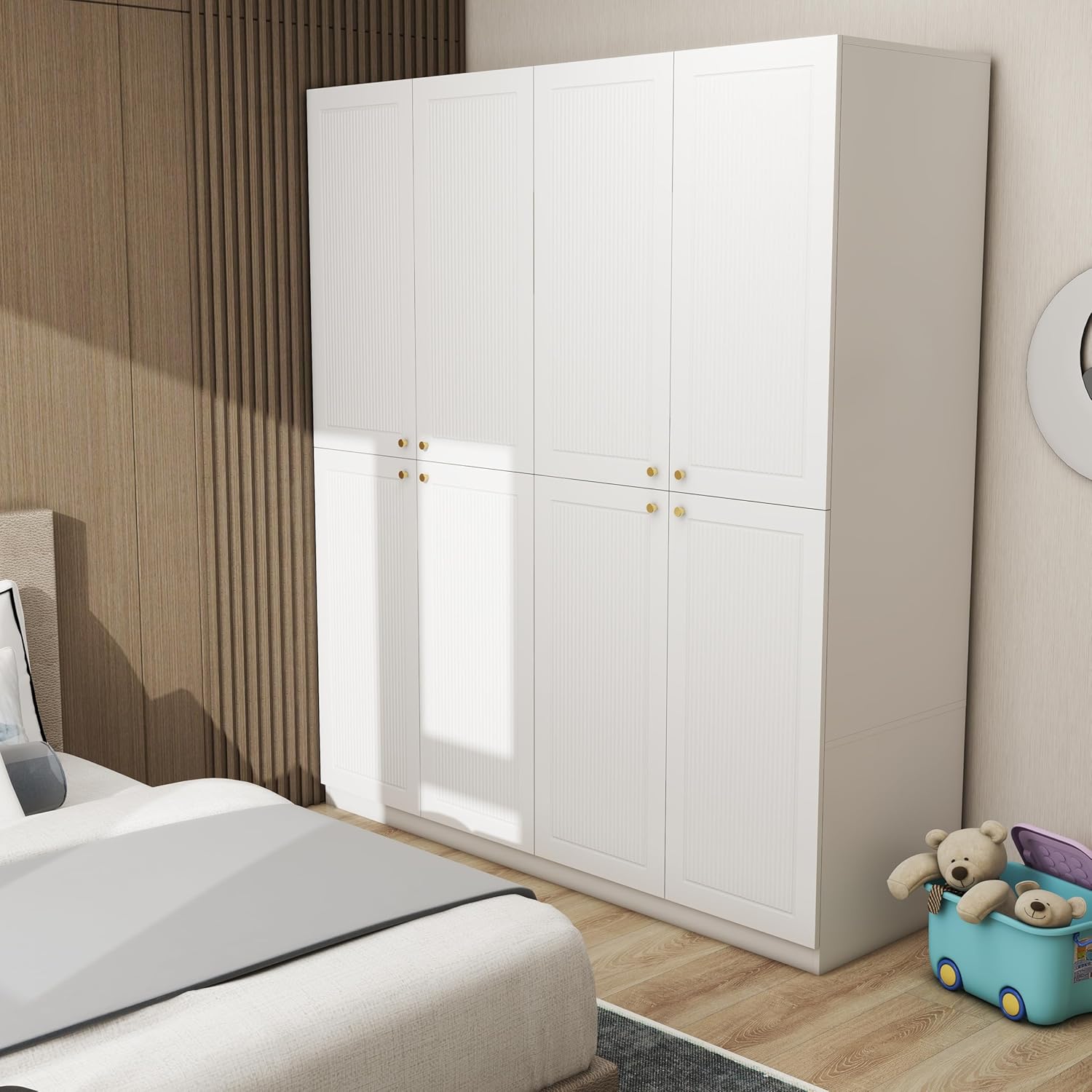 4 Door European Modern Wardrobe Wood White with 2 Storage Drawers A128