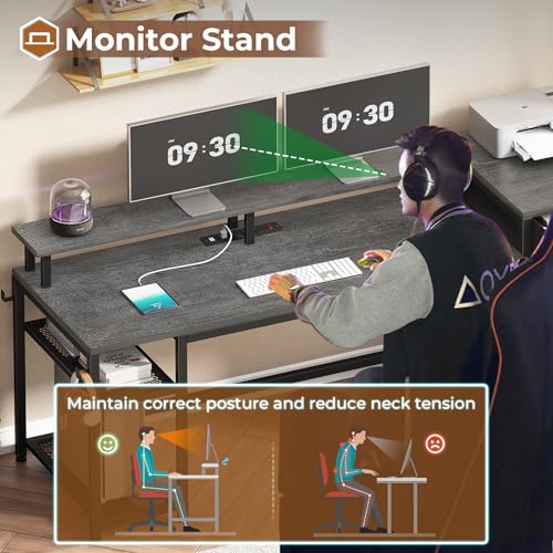 SEDETA 59" Office Desk with Drawers, LED Lights & Power Outlet, Black H1735