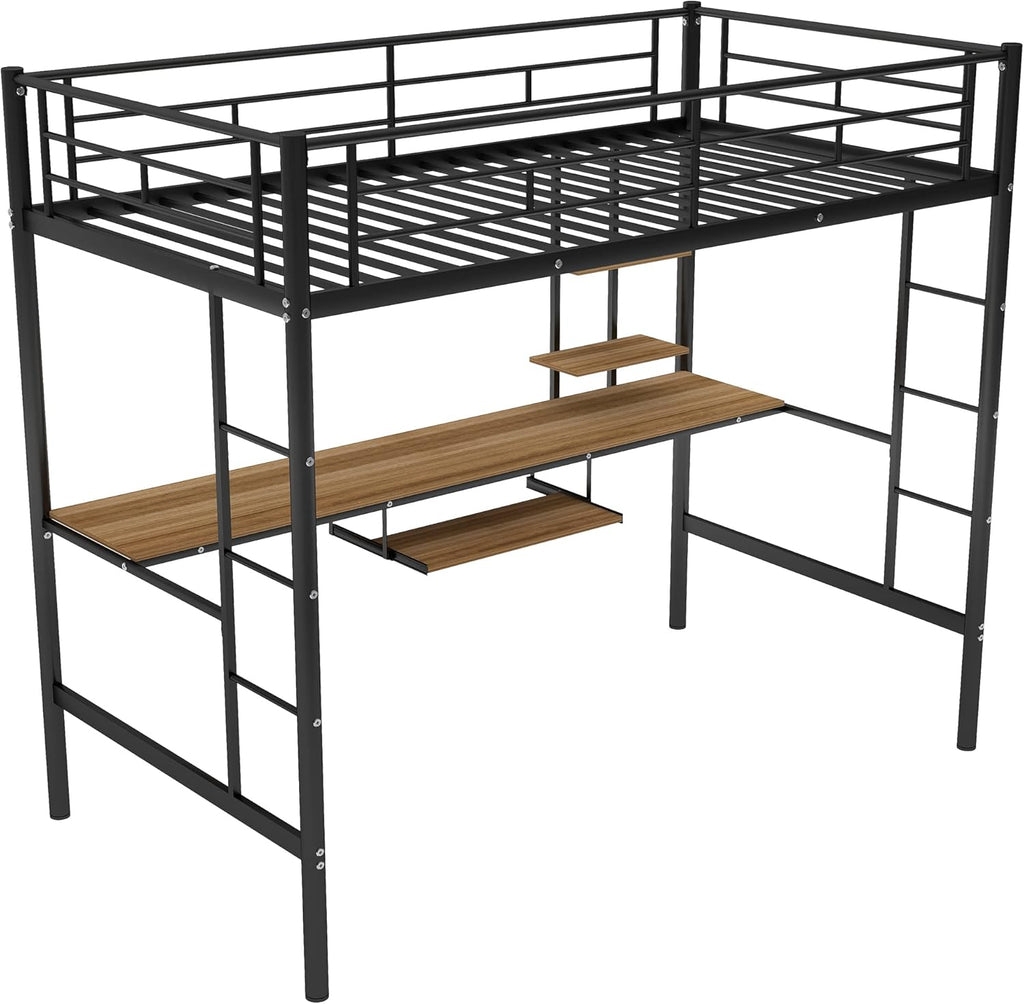 MERITLINE Metal High Loft Bed, Twin with Desk and Storage Shelf, Black J431