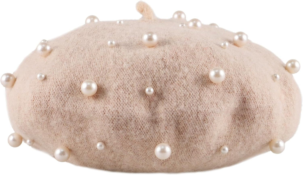 Beret Pearl Autumn Winter Cashmere Starry Beaded Wool Beret Beige V148989