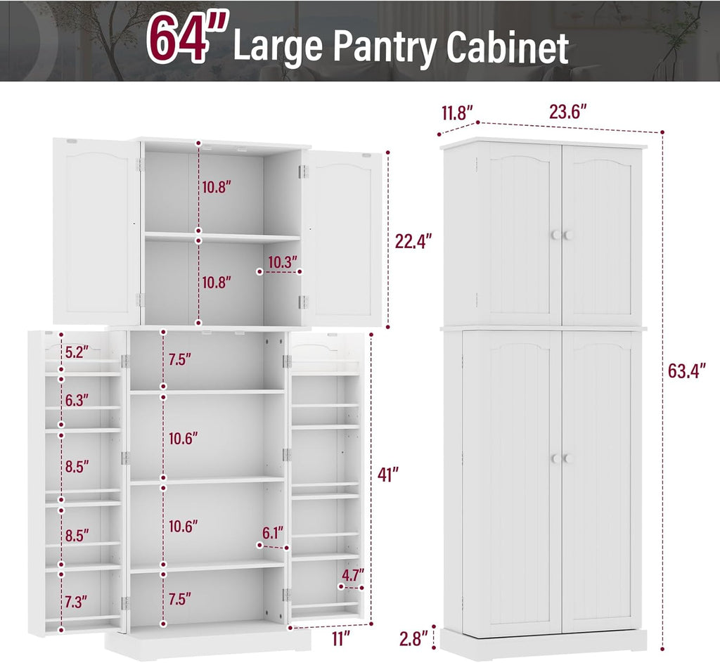 HOME BI 64" Kitchen Pantry Cabinet, Freestanding with Doors and Shelves, White E794