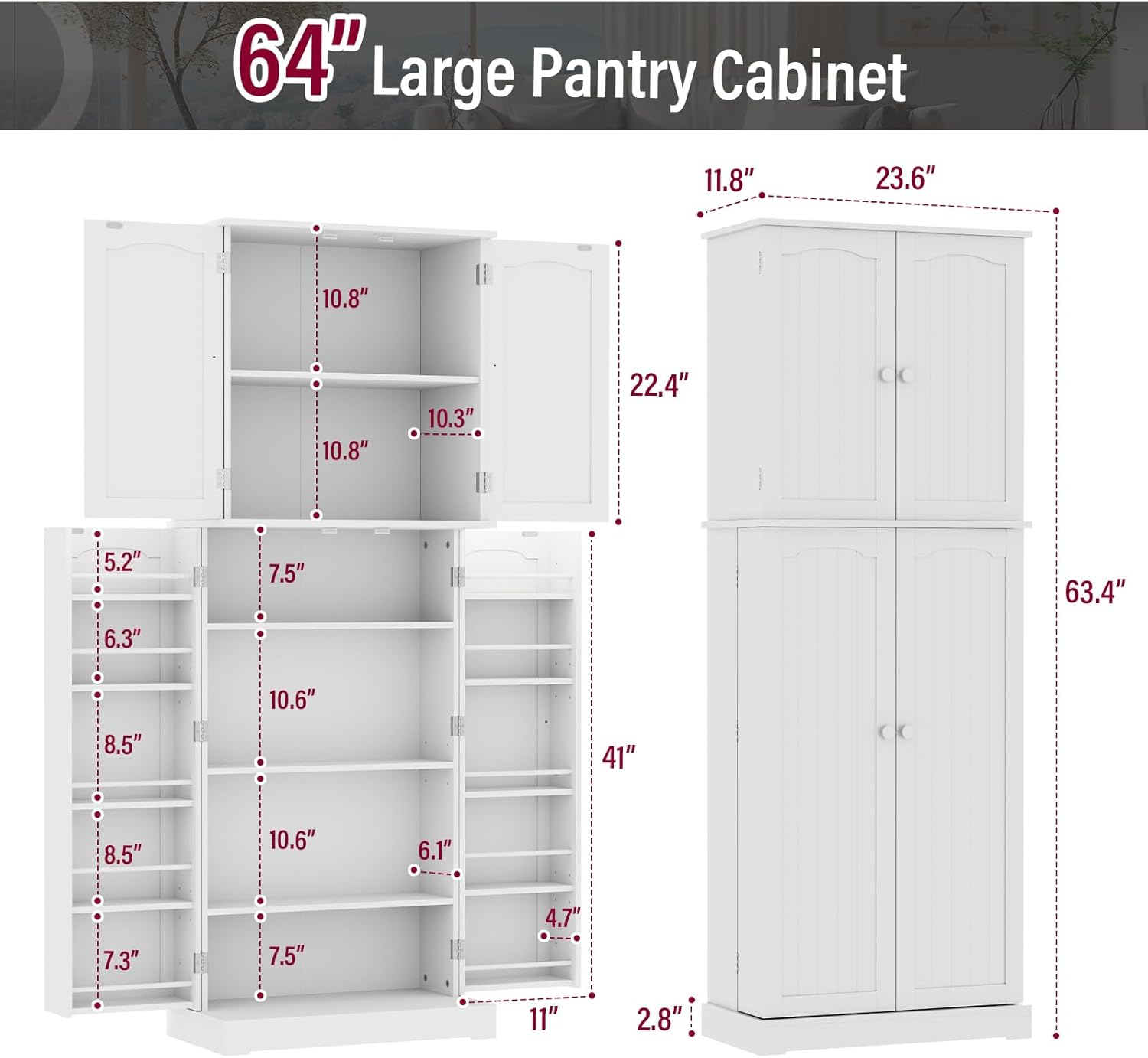 HOME BI 64" Kitchen Pantry Cabinet, Freestanding with Doors and Shelves, White E794