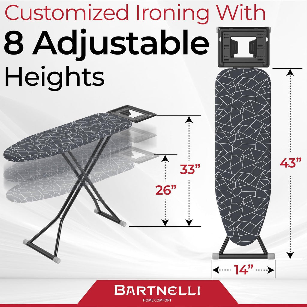 Bartnelli Ironing Board with Iron Rest, 13x43 Surface, Adjustable Height A4363