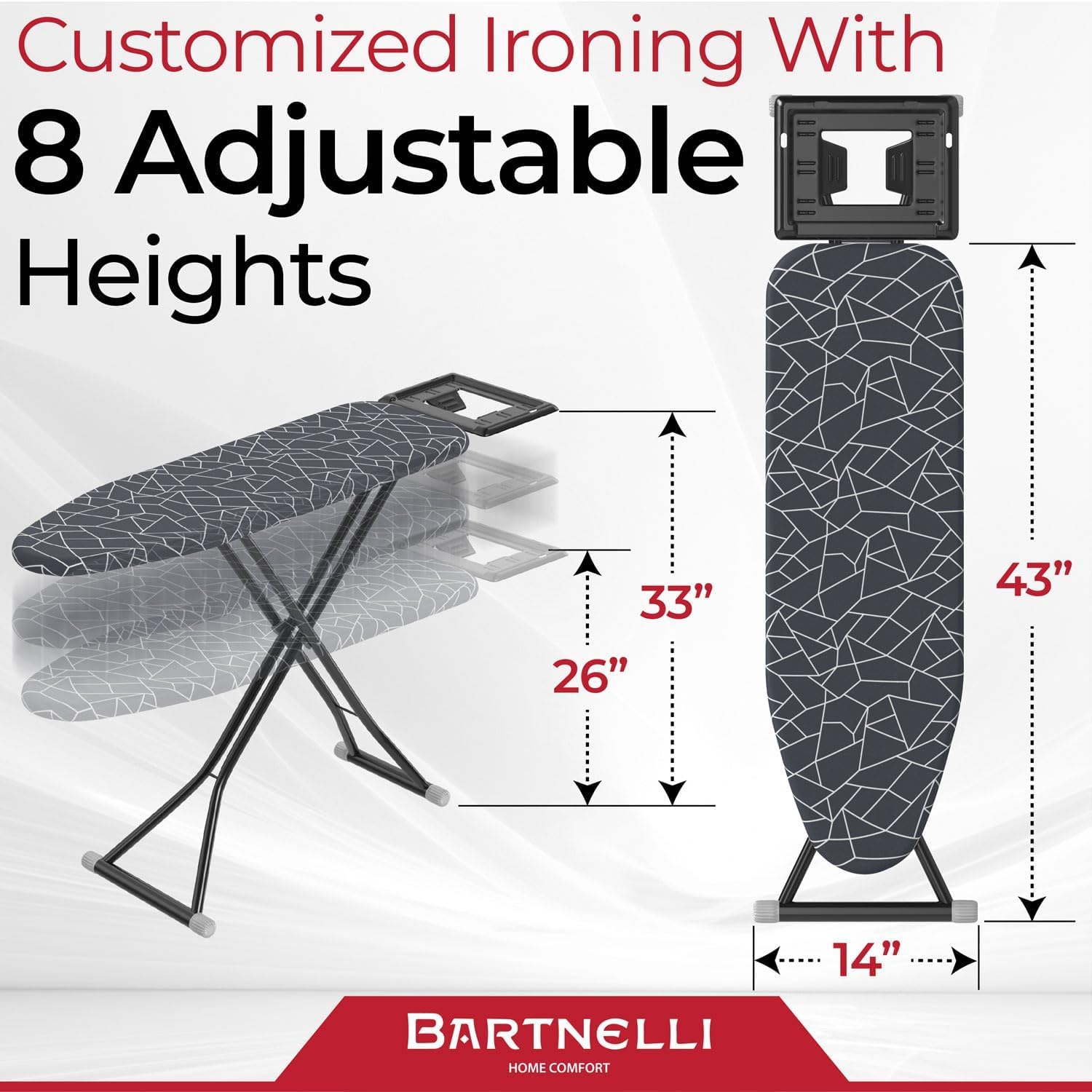 Bartnelli Ironing Board with Iron Rest, 13x43 Surface, Adjustable Height A4363