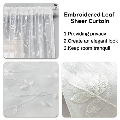 AmHoo 2 Panels Embroidered Leaf Semi Sheer Curtains for Bedroom Living Room, White Taupe 53 x 84 Inch A965410