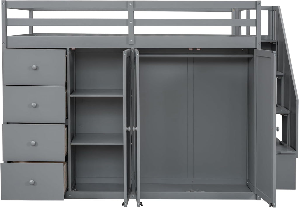 Full Size Wooden Loft Bed with Built-in Wardrobes and Staircase, Gray R8935