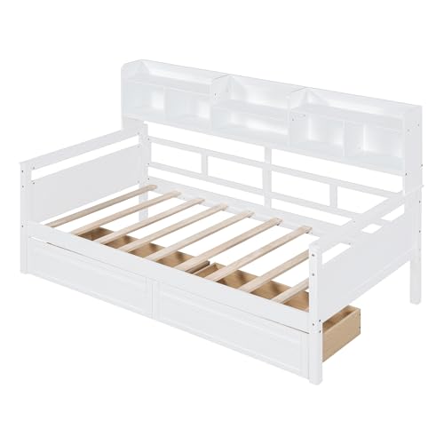 WADRI Twin Size Daybed with Bedside Shelf and 2 Storage Drawers, Wood Frame, Gray P301964