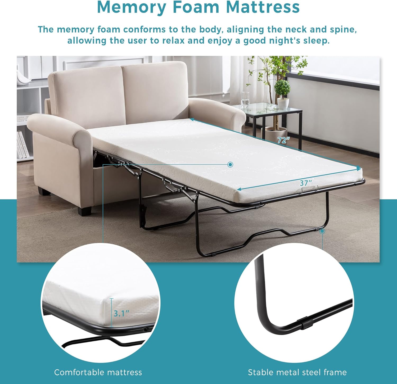 58.3" Pull Out Sofa Bed with Twin Mattress Pad, 2-in-1 Loveseat Sleeper, Beige White Y747