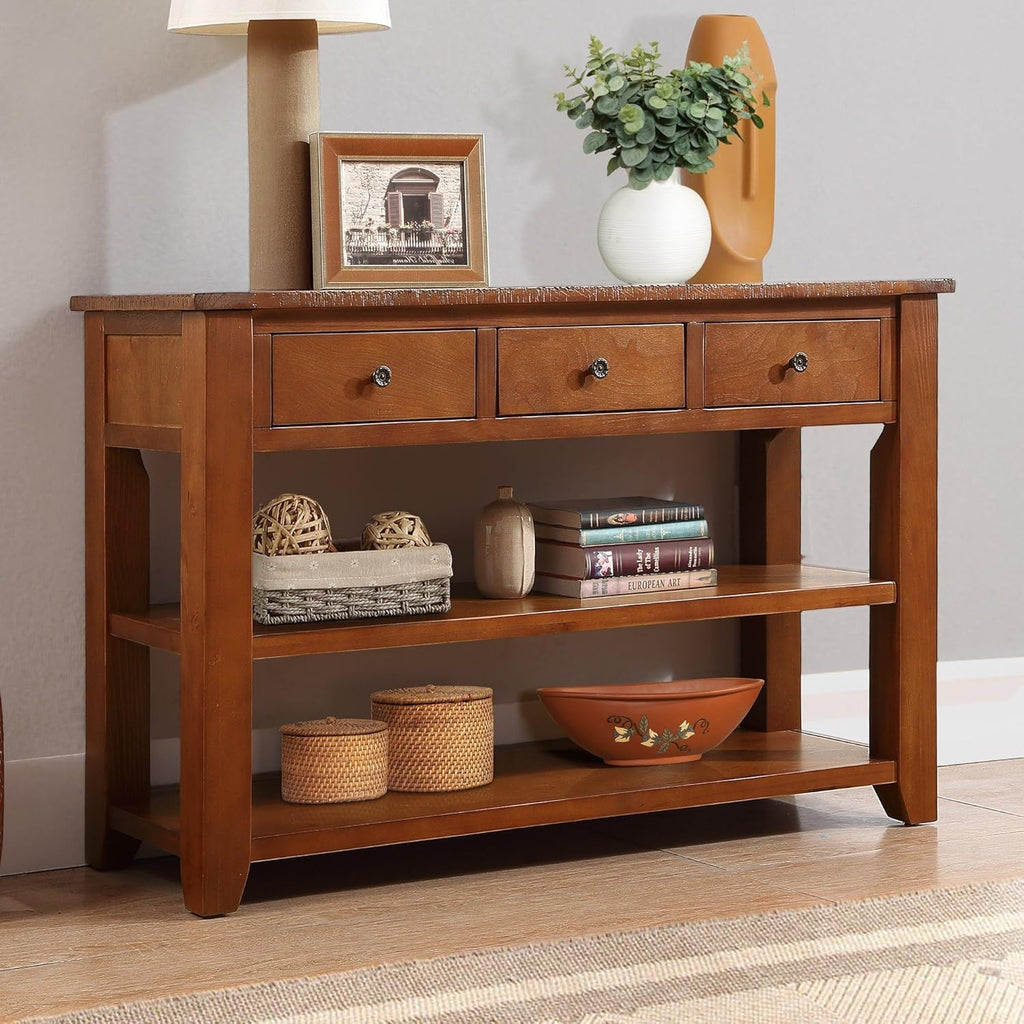 Knocbel Long Console Table with 3 Storage Drawers and Double Bottom Open Shelves,Wooden Sofa Tables Classic Retro and Modern Design for Entryway Entry Hallway Foyer,50" W x 16" D x 30" H,Brown