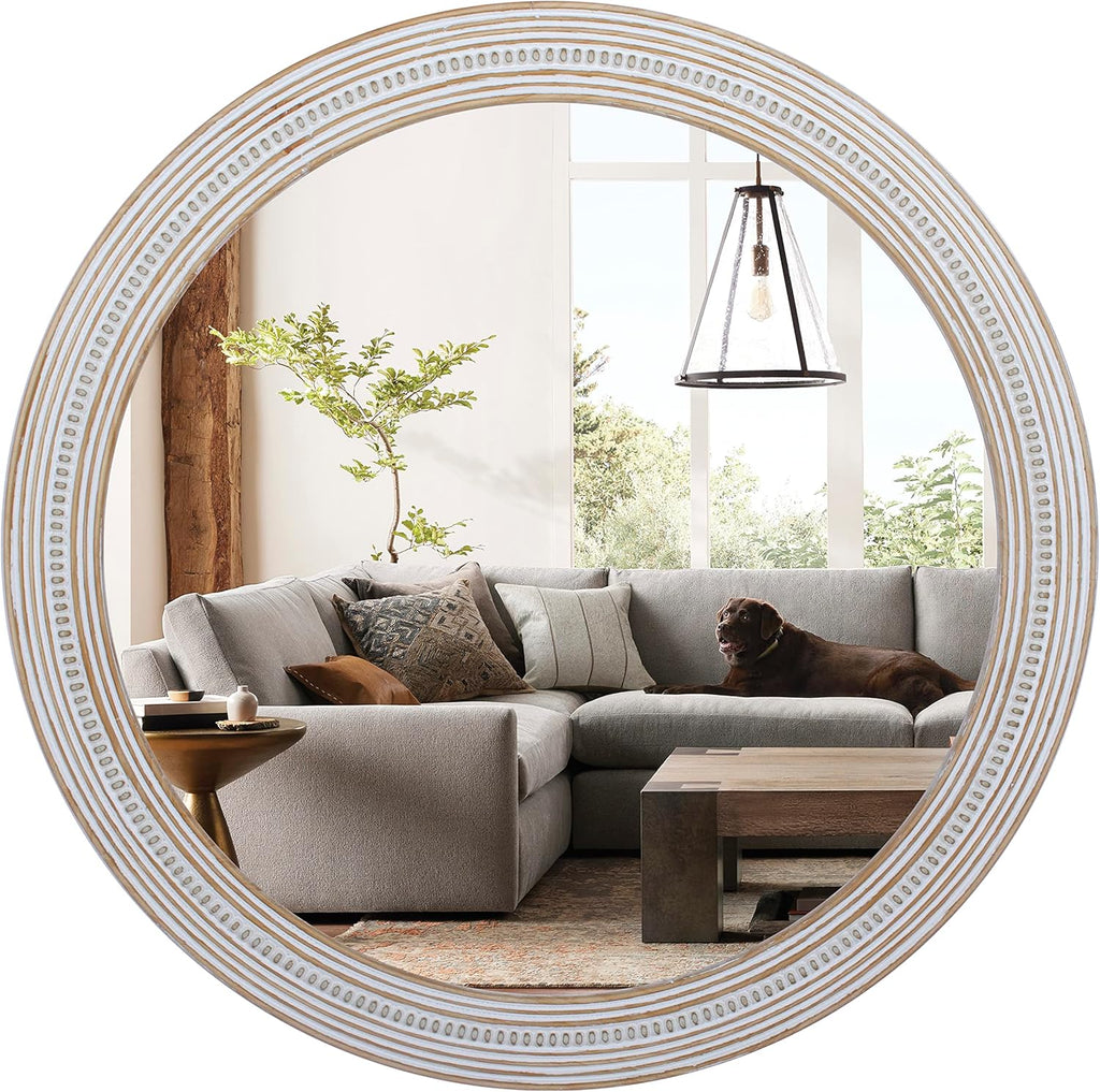 32" Round Mirrors for Wall Decor Wooden Decorative Mirrors, Farmhouse Circle Mirror for Bathroom Rustic Distressed Hanging Mirror for Living Room, Foyer, Entryway