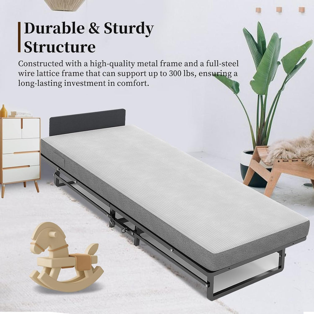 Folding Bed with 4-Inch Mattress, Metal Cot for Adults on Wheels F49016