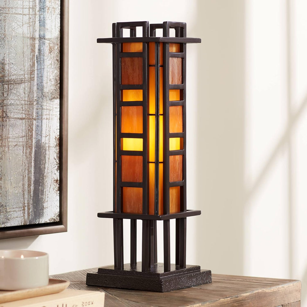 Robert Louis Tiffany Prairie Style Mission Rustic Pillar Accent Table Lamp Bronze Iron Hand-Cut Amber Stained Art Glass U394292