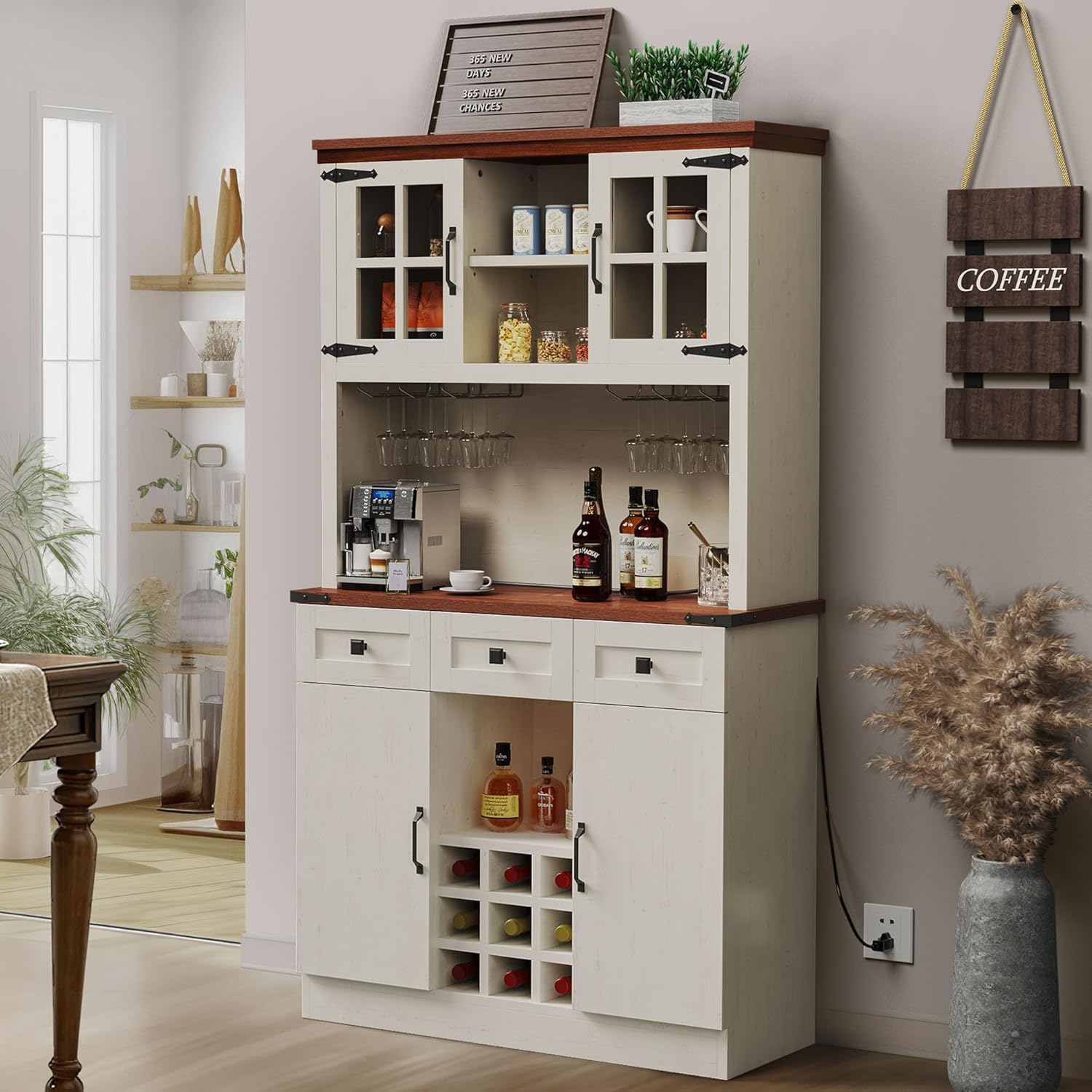 DWVO Farmhouse Kitchen Pantry Cabinet with Power Outlet, 72 Inch, Antique White I299