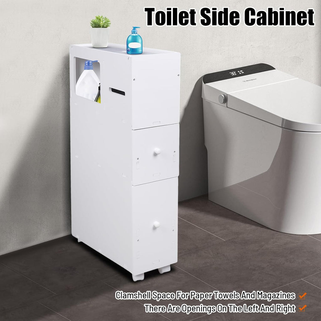 Rolling Narrow Bathroom Storage Cabinet, White J17971