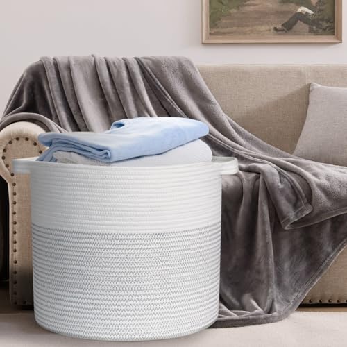 Cotton Rope Storage Basket with Handles, White & Grey I74953