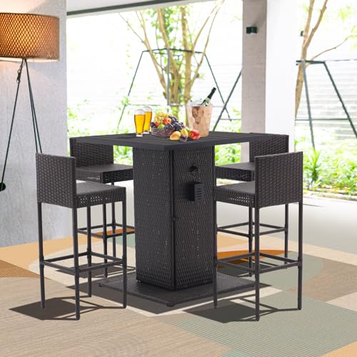 5-Piece Outdoor Wicker Bar Set with Stools (Grey) H9492