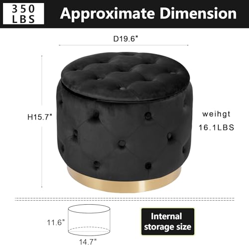 Button Tufted Velvet Round Storage Ottoman with Gold Base, Beige T415647