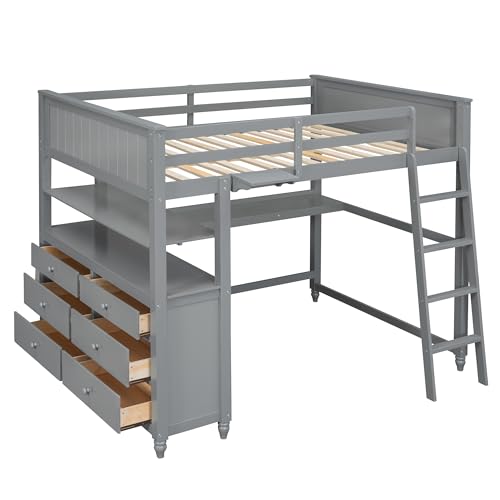 Gray Twin Loft Bed with Storage Cabinet and Desk, Wooden Frame with Bookcase I9318