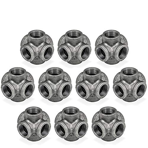 3/4" Black 6-Way Side Outlet Tee, Home TZH Malleable iron Pipe Fittings for Industrial vintage style, Flanges with Threaded Hole for DIY Project/Furniture/Shelving Decoration (4, 3/4"(Black))