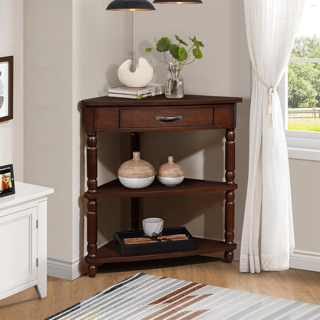 Classical Triangle Corner Table with Storage Drawer, Solid Wood Legs U847779
