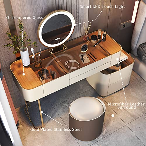 Vanity Desk Mirror with Lights, Wood Frame Leather Finish, 47in V70130