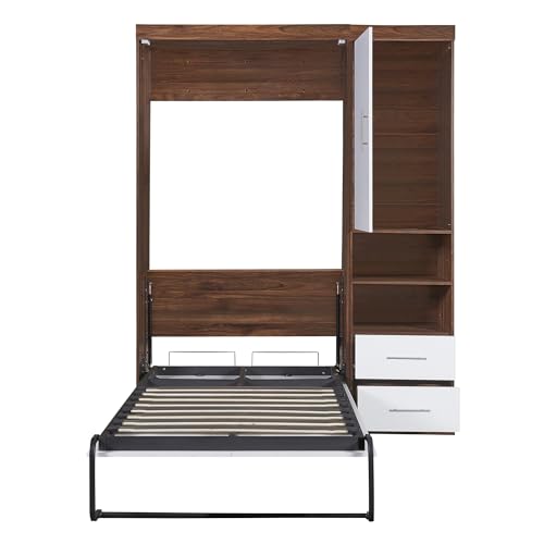 Murphy Bed with Cabinet, Foldable Wood Wall Bed for Guest Room, White T30875