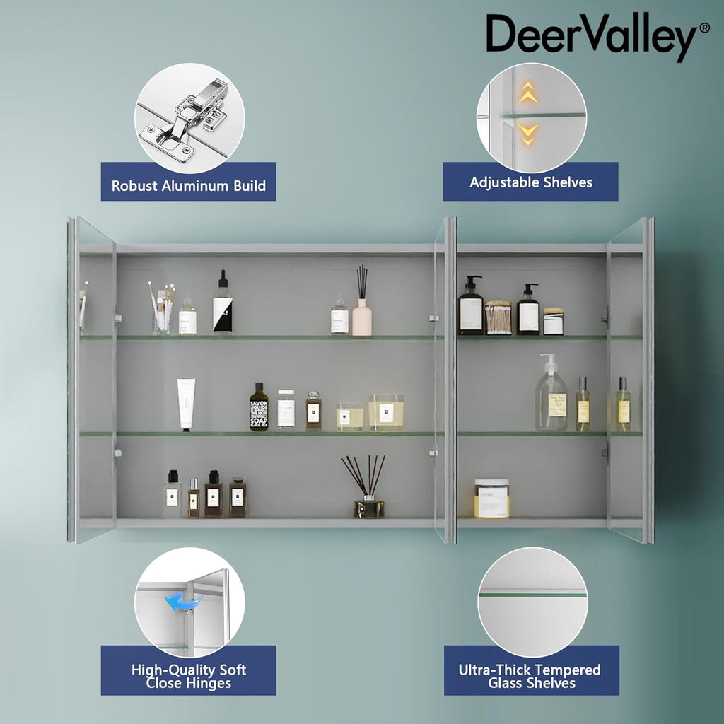DeerValley 48 inch Aluminum 3 Door Frameless Wall Mount Medicine Cabinet with Mirror S776