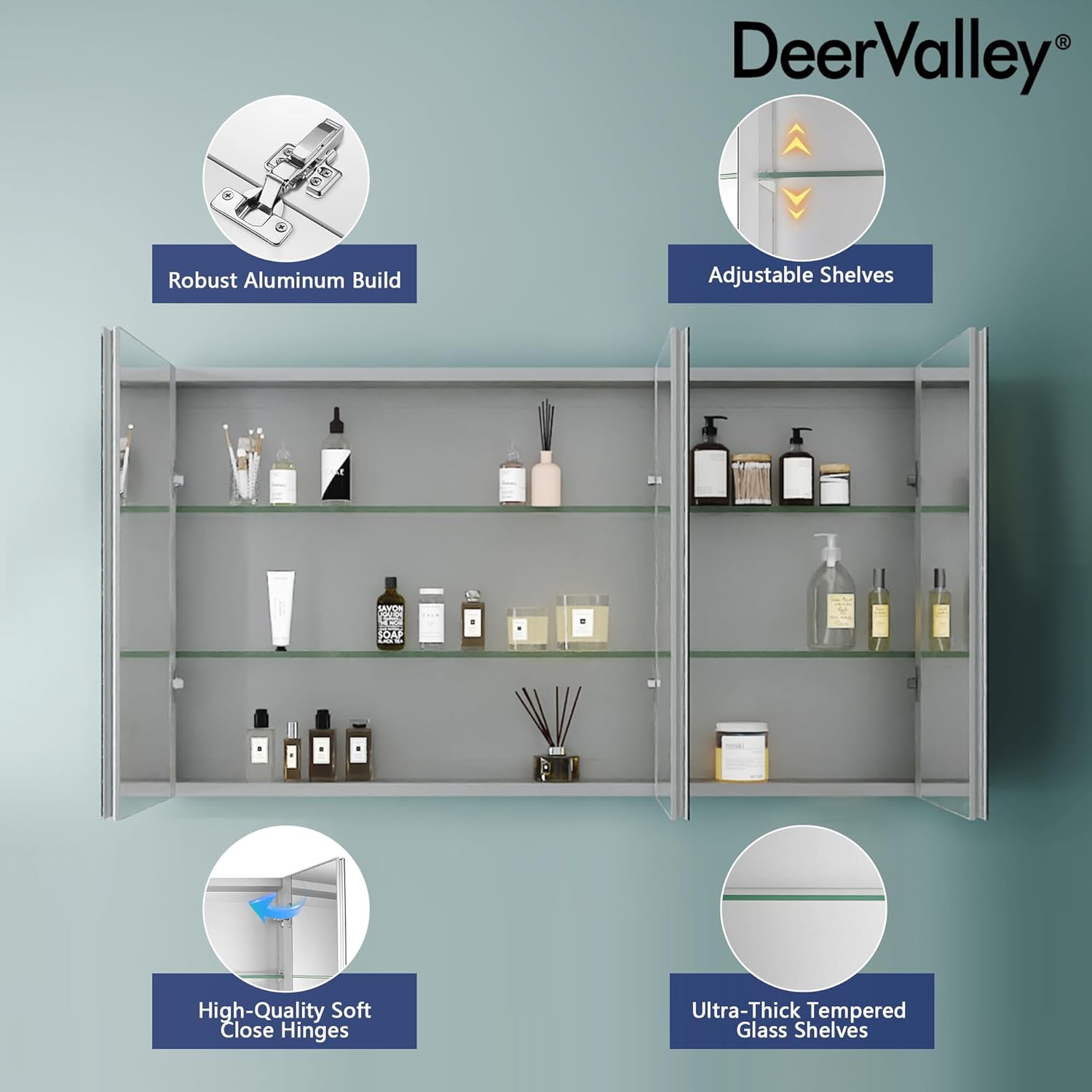 DeerValley 48 inch Aluminum 3 Door Frameless Wall Mount Medicine Cabinet with Mirror S776