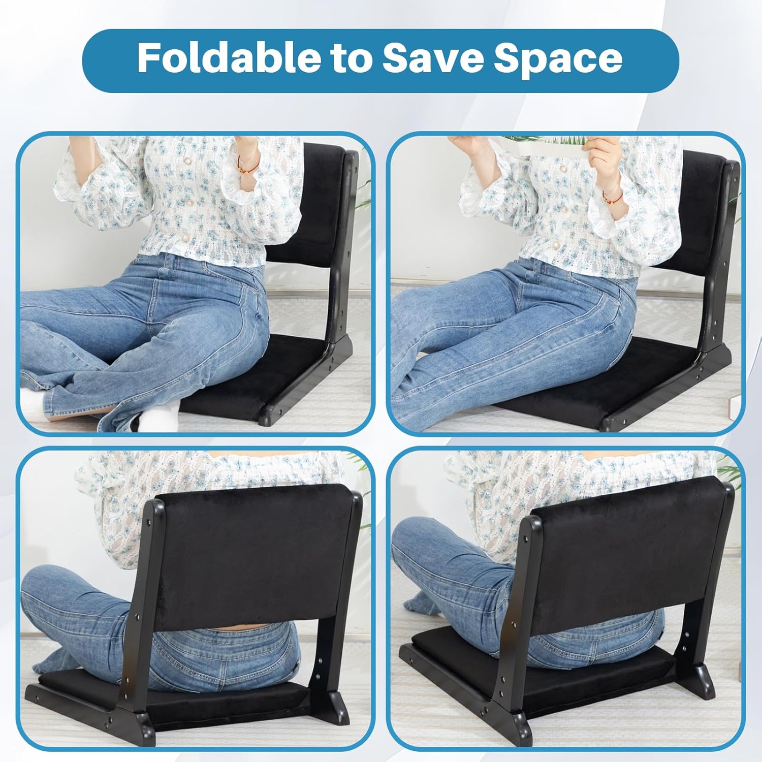 HollyHOME Foldable Tatami Chair Japanese Style Floor Chair with Cushion Linen Black V172908