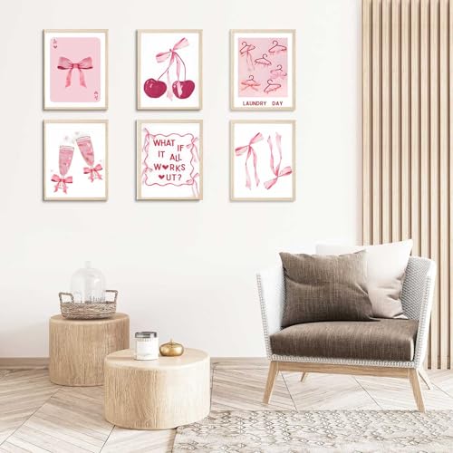 6Pcs Pink Bows Wall Art, Coquette Posters for Room Decor, Unframed 8x10in L544