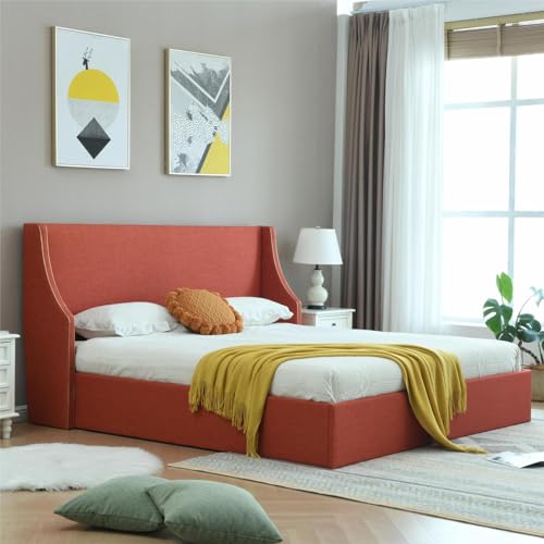 Queen Size Hydraulic Lift Bed with Wing Back Headboard, Ocher S368091