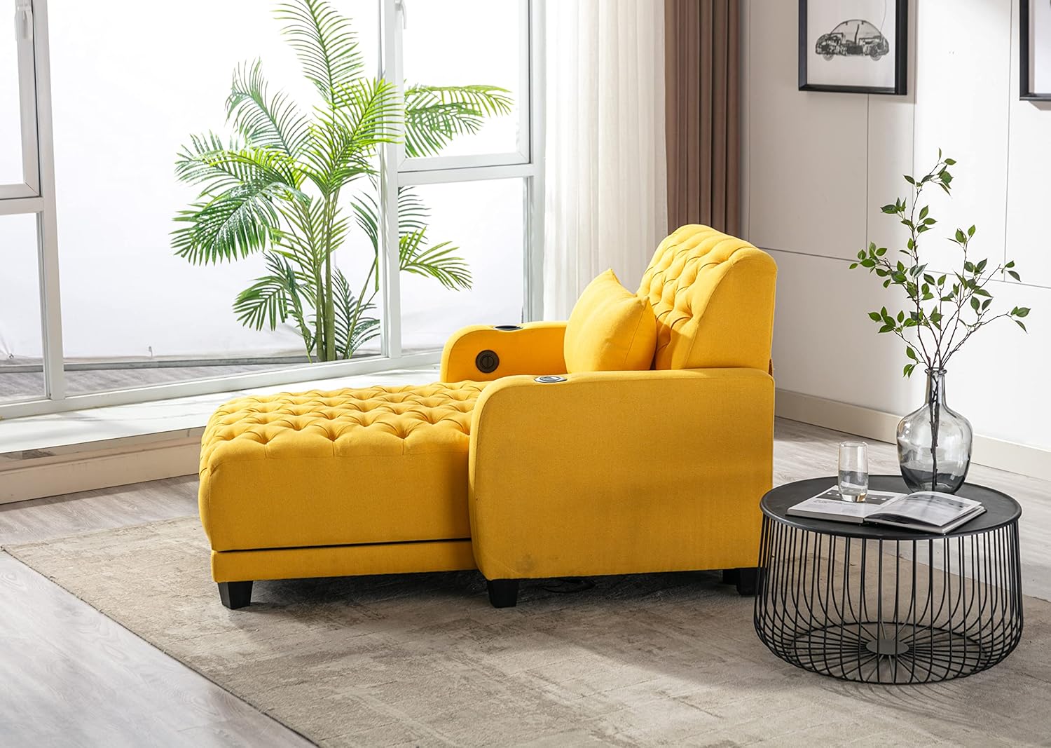 Button Tufted Chaise Lounge Sofa Bed with Pillow, Yellow P345