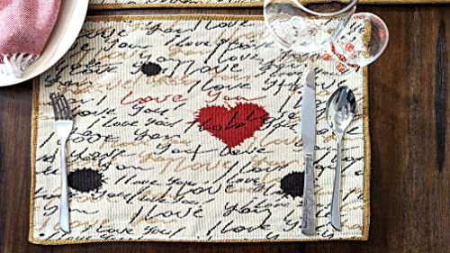 Tache Valentine Placemats Heart Placemat Beige Vintage Farmhouse Woven Tapestry Set of 4 M759