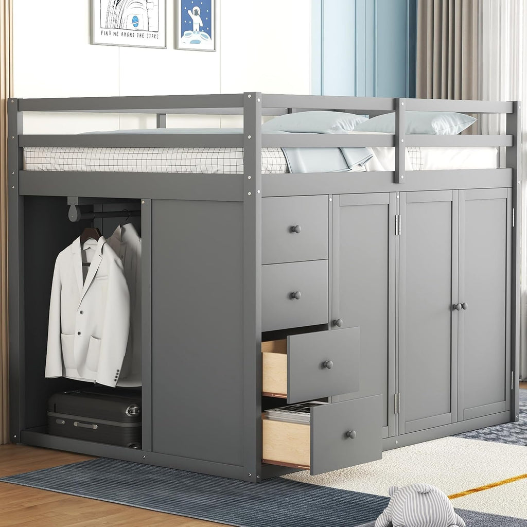 Full Size Loft Bed with Storage Space, Muti-Functional Wooden Loft Bed Frame with Built-in Wardrobes, Staircase, Cabinets and Drawers for Kids Teens Adults Bedroom, Space-Saving Design, Gray