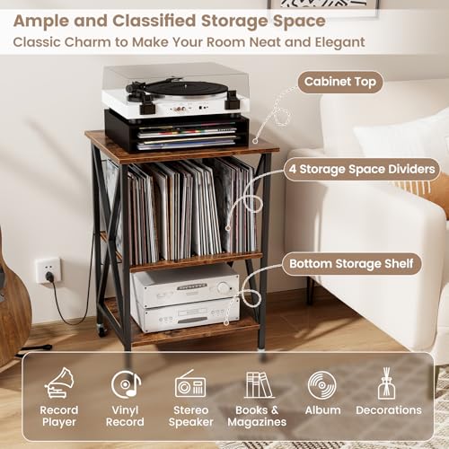 Giantex Record Player Stand with Charging Station, Vinyl Storage Table, Rustic Brown B590639