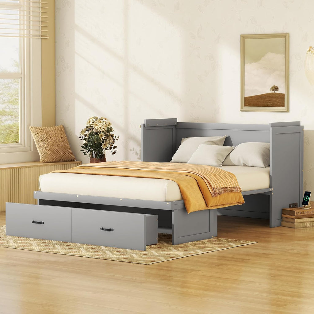 Queen Size Murphy Bed with USB Port & Storage Drawer, Gray X32665