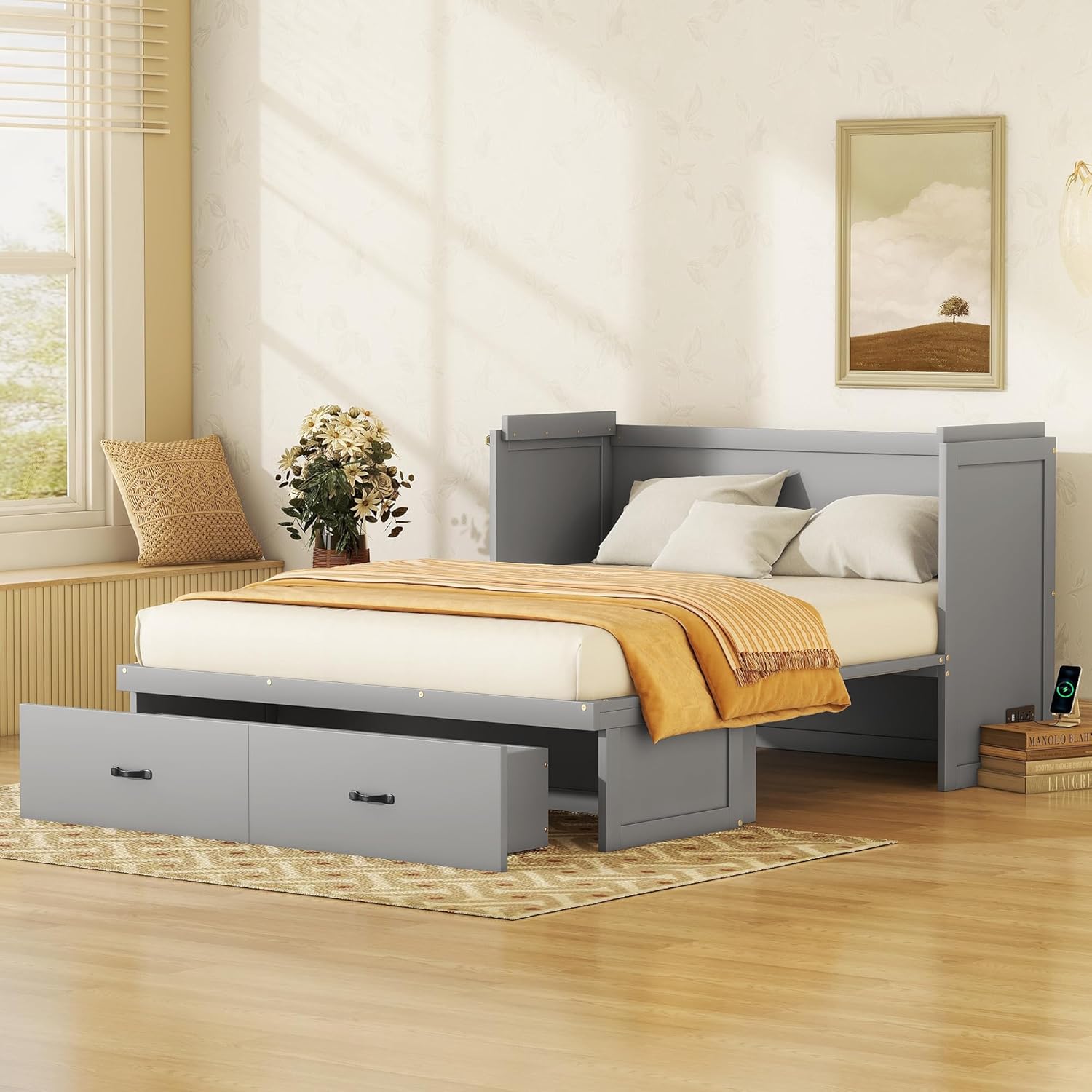 Queen Size Murphy Bed with USB Port & Storage Drawer, Gray X32665