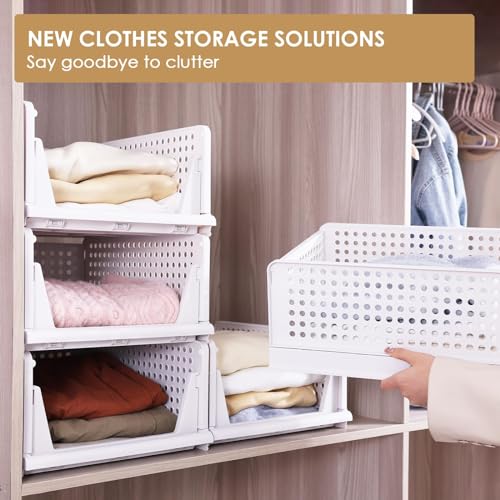 Stackable Plastic Storage Basket Foldable Closet Organizer White Large E203171