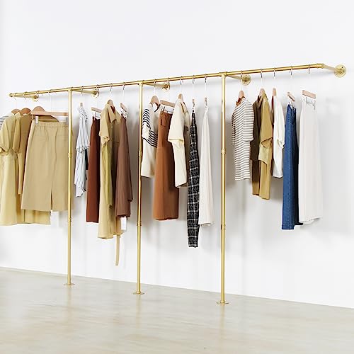 Gold Wall Mounted Clothing Rack with 3 T-Bar Design and Wooden Shelves G810780