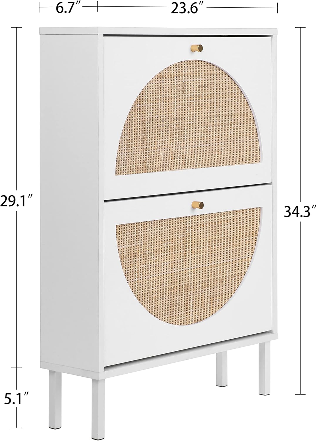 Rattan 2-Drawer Shoe Cabinet Freestanding Shoe Rack Organizer Wooden Entryway Narrow Storage White Y659194