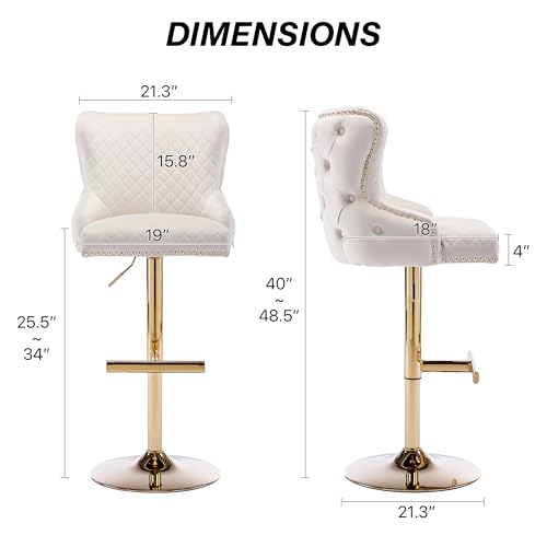 Velvet Barstools Set of 2, Counter Height Adjustable Swivel with Golden Lion Head Ring, Beige C6486