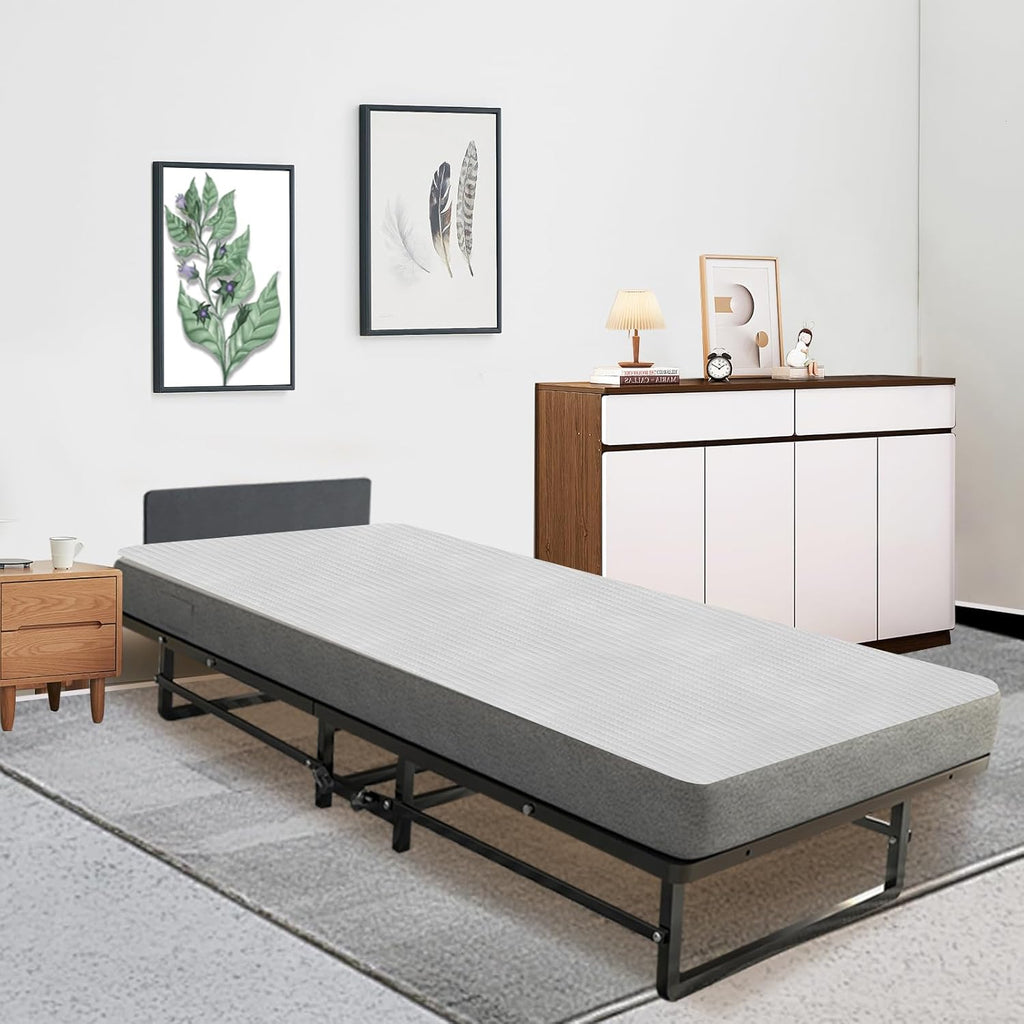 Folding Bed with 4-Inch Mattress, Metal Cot for Adults on Wheels F49016