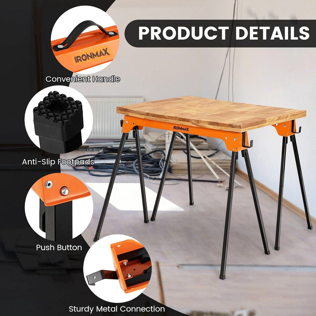 IRONMAX Saw Horses 2 Pack Folding, Heavy Duty 2644 LBS Capacity with Detachable Hooks D514824