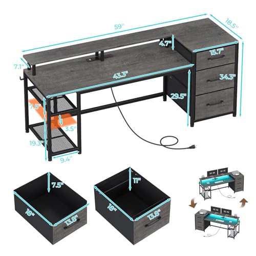 SEDETA 59" Office Desk with Drawers, LED Lights & Power Outlet, Black H1735