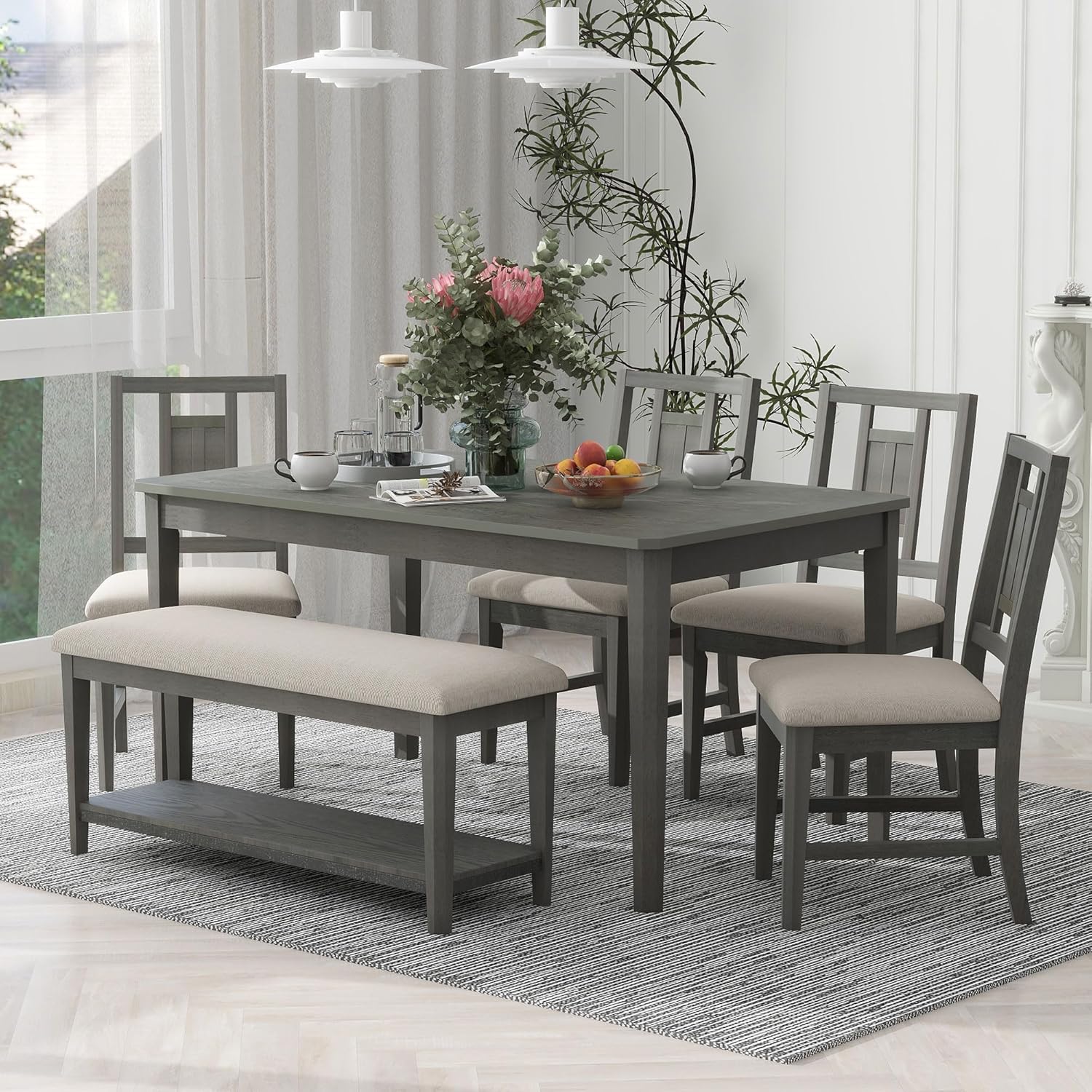 Retro 6-Piece Dining Table Set with 4 Upholstered Chairs and Bench, Solid Wood, Dark Gray Y1797