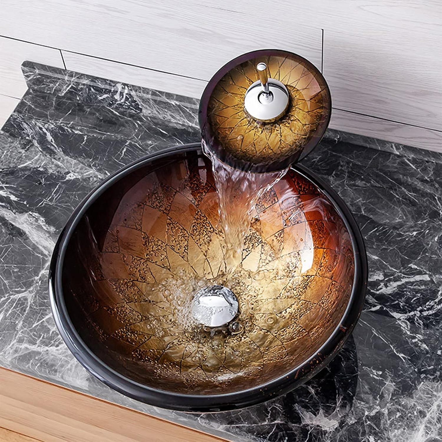 Tempered Glass Round Vessel Sink with Waterfall Faucet F150420