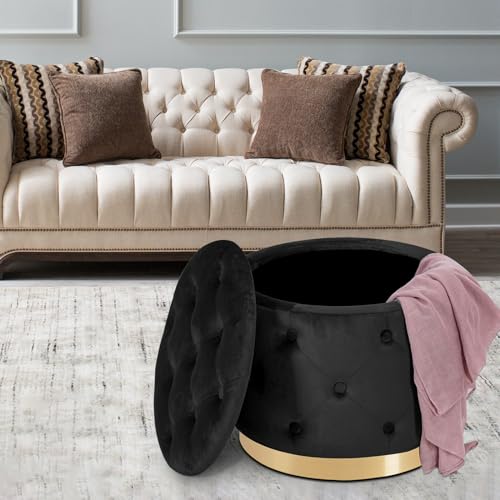 Button Tufted Velvet Round Storage Ottoman with Gold Base, Beige T415647