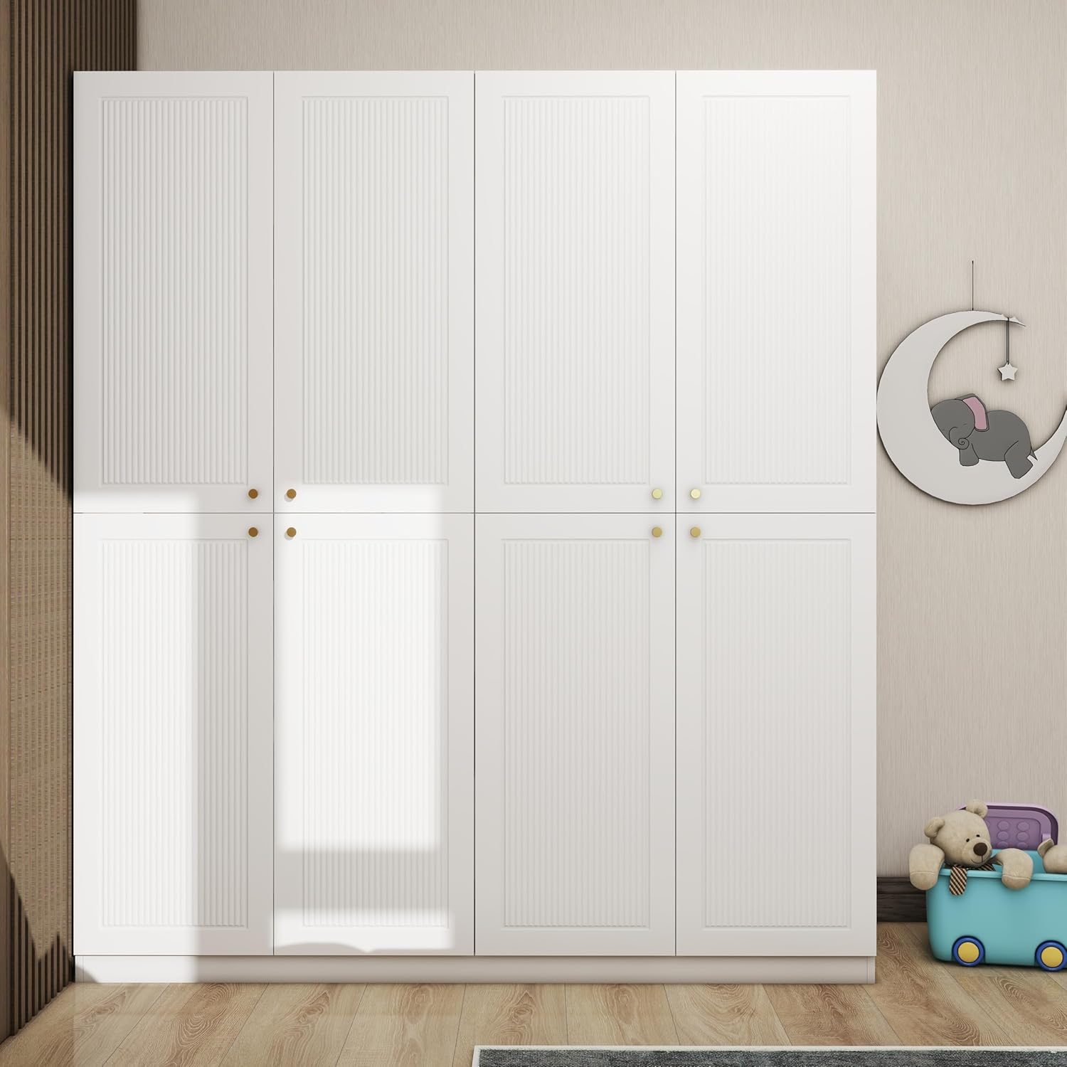 4 Door European Modern Wardrobe Wood White with 2 Storage Drawers A128